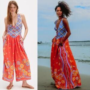 Free People Linen Bali Honeydew Jumpsuit in Fiesta Combo Size Small NWT Bohemian